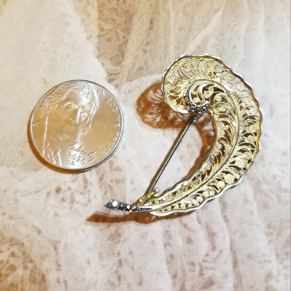 Art Deco Cannetille 800 Sterling Marcasite Feather Brooch - Picture 4 of 7